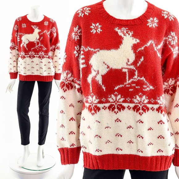 Rare Rudolph Reindeer Hand Knit Wool Christmas Sweater - Picture 2 of 10